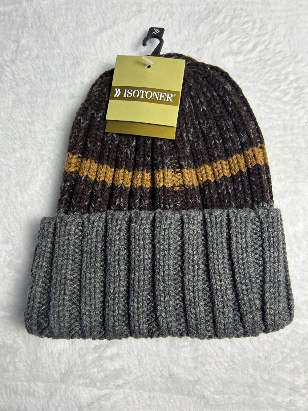 isotoner Men's Ribbed Cuffed Beanie in Gray, Brown & Yellow Stripe